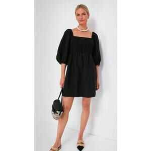 Tuckernuck Annie Dress Black Linen Smocked Puff Sleeve Mini Babydoll Size XS